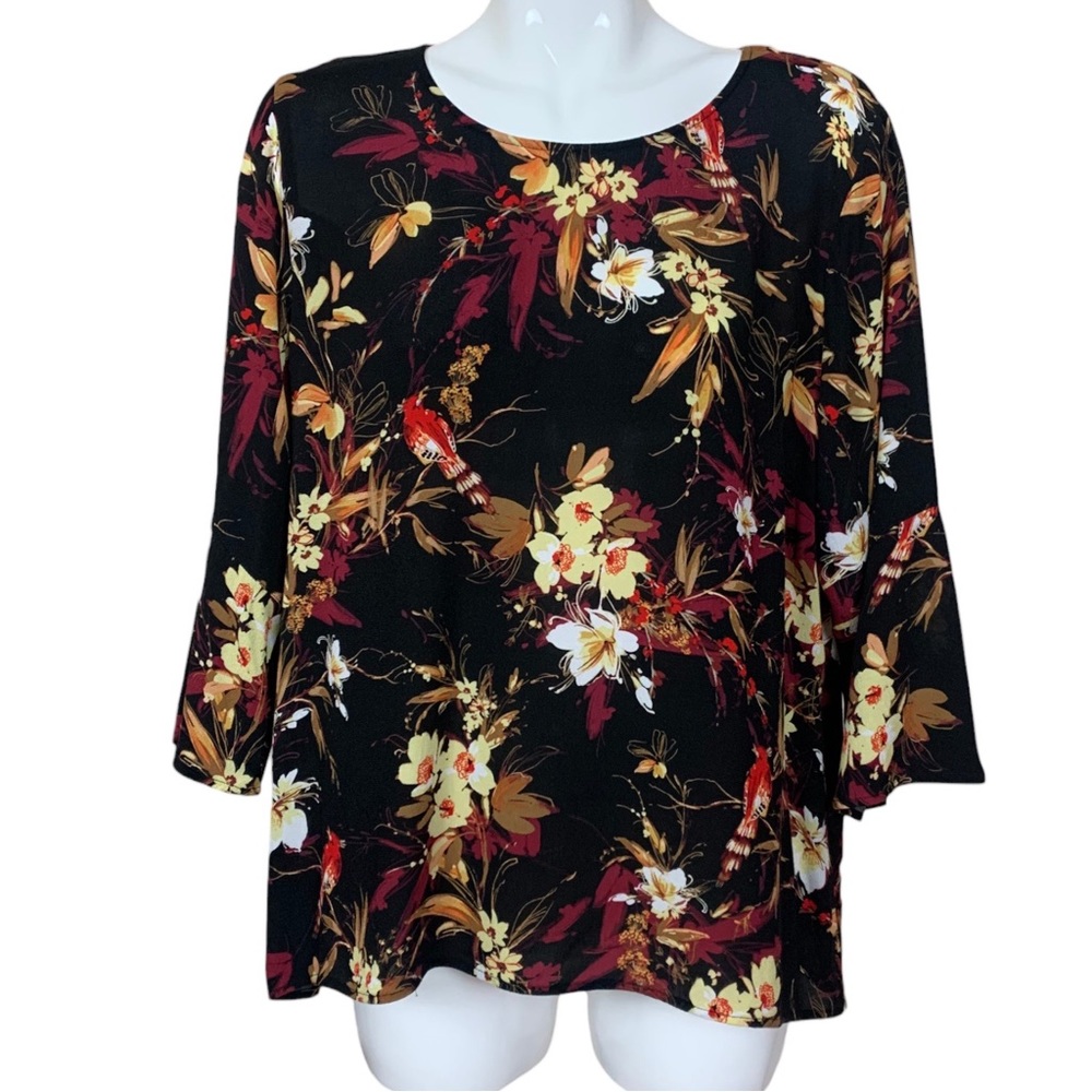J. Jill Floral and Red Bird Design 3/4 Sleeve High Low Rayon Blouse Large